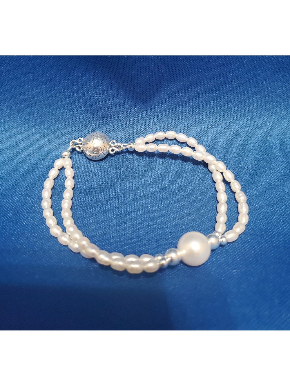 Double Strand Freshwater Pearl Bracelet Sterling Silver Magnetic Clasp 7.5 in